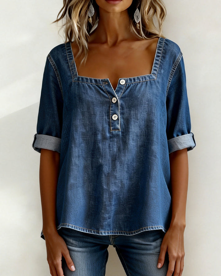 Skjorta Fyrkantig Hals Denim Halv Ärm