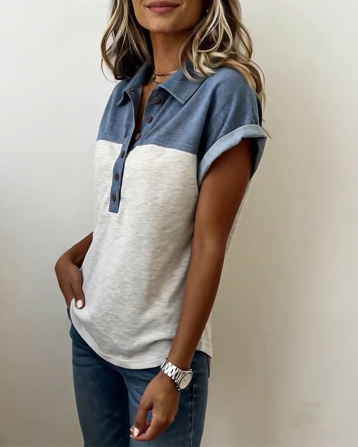 T-Shirt Knäppning Patchwork Nedfällbar Krage