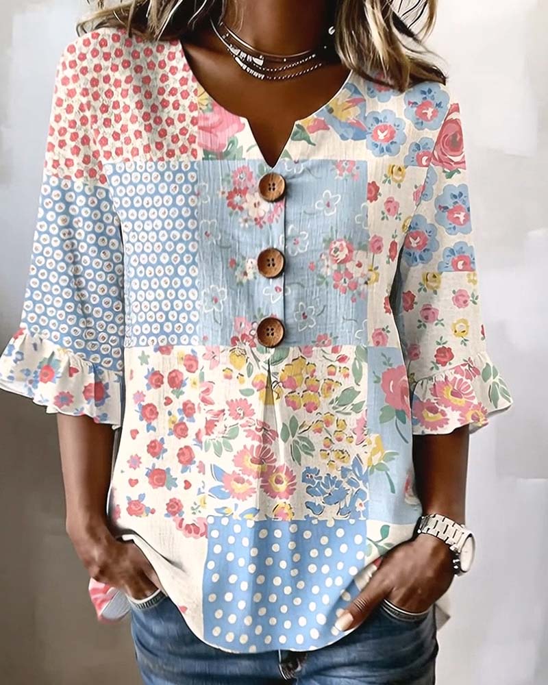 Blus Kortärmad Blommönster Lapptäcke
