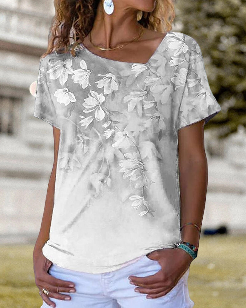 V-ringad T-shirt med blommönster