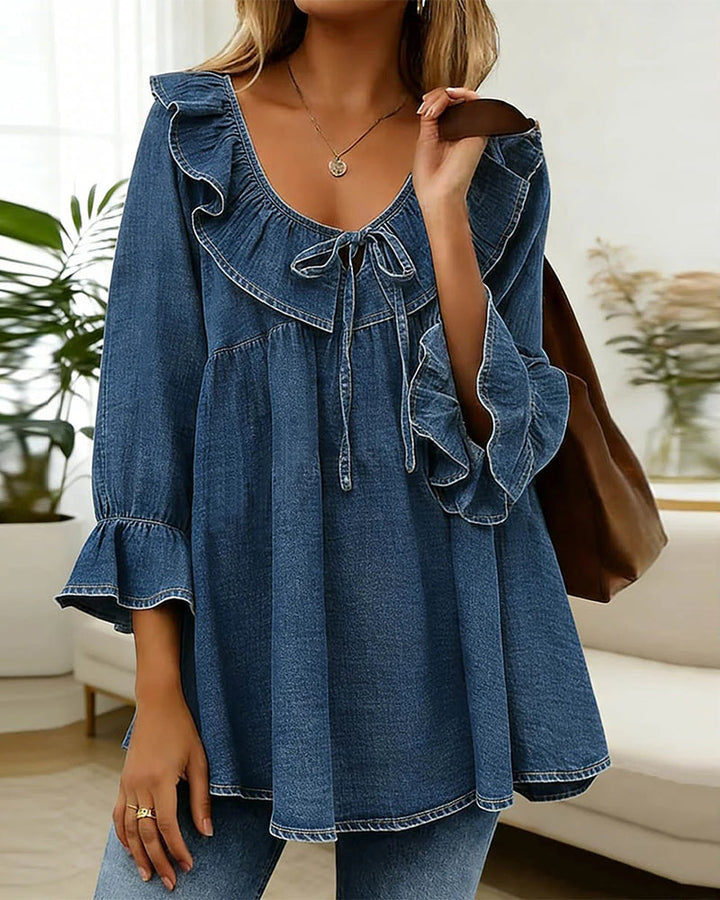 Blus Volangknyt Denim Rund Hals