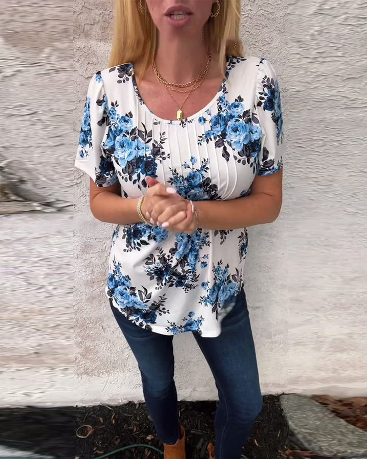 T-Shirt Med Rund Hals Blommönster Plisserad