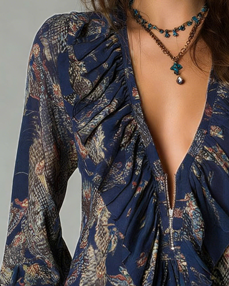 Blus Djup V Rynktryck Elegant
