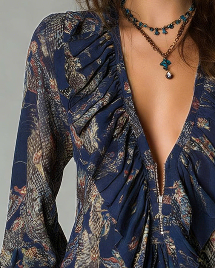 Blus Djup V Rynktryck Elegant