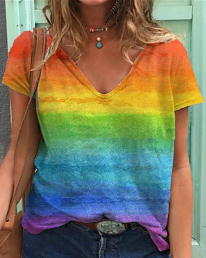Casual v-ringad t-shirt i regnbågstryck