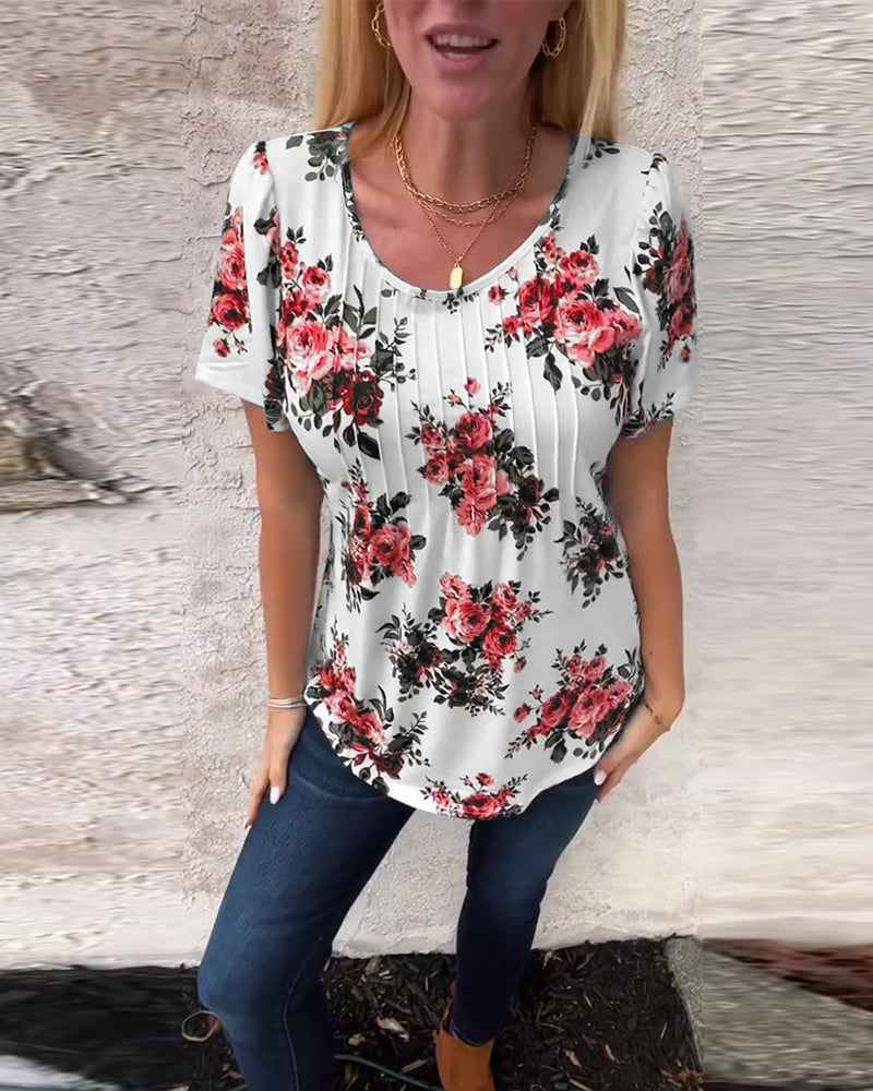 T-Shirt Med Rund Hals Blommönster Plisserad