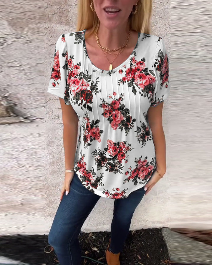 T-Shirt Med Rund Hals Blommönster Plisserad