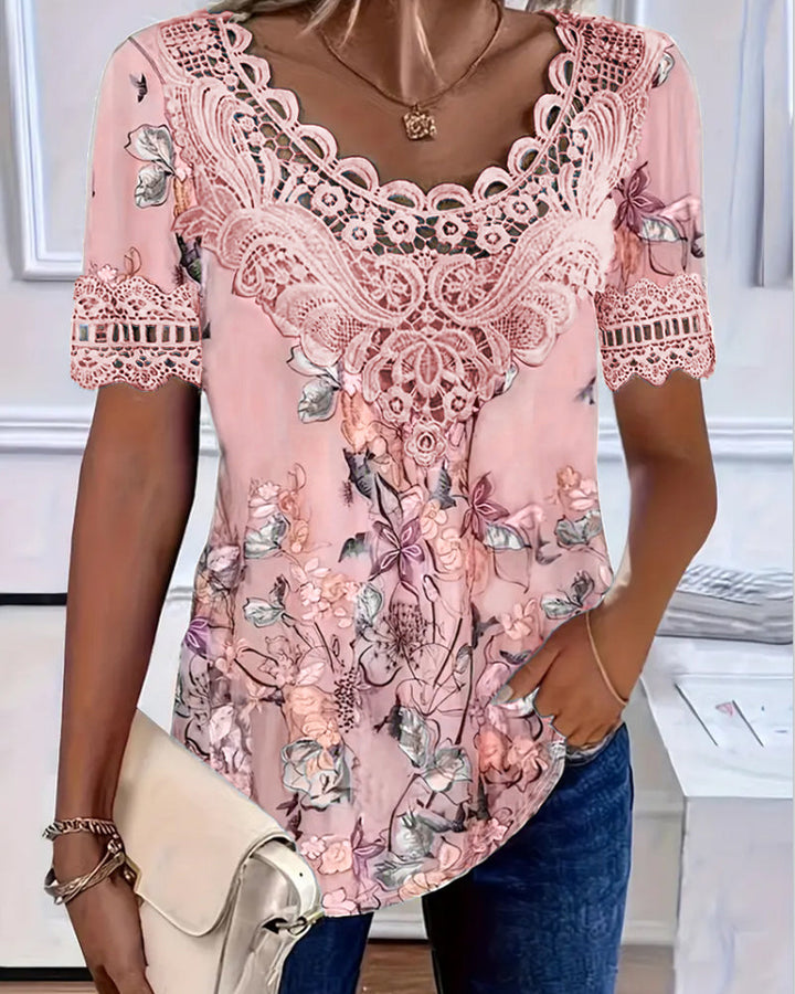T-Shirt Blommigt Tryck Mode Kort Ärm