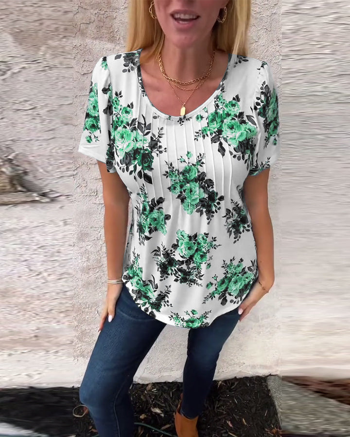T-Shirt Med Rund Hals Blommönster Plisserad