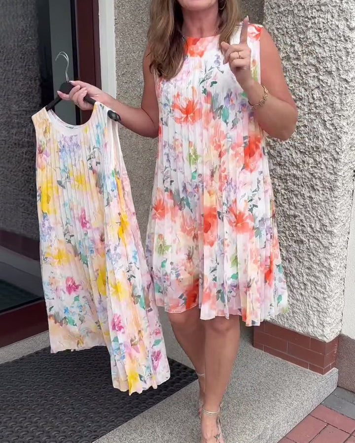 Klänning Ärmlös Plisserad Blommig