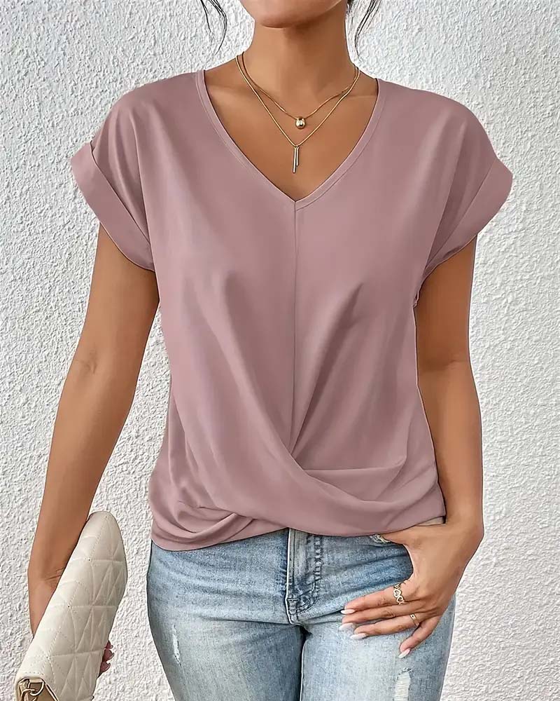 T-shirt V-ringad Enkel Färg Elegant Kortärmad