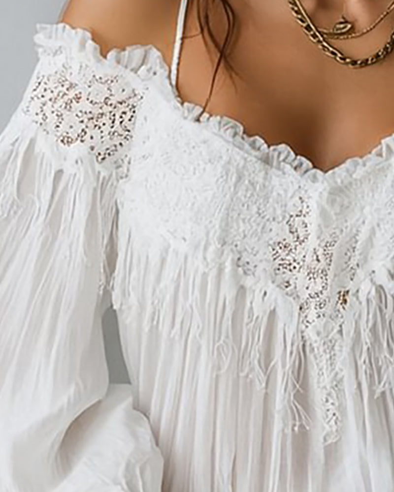 Off-Shoulder Linne Med Spets Och Tofsar