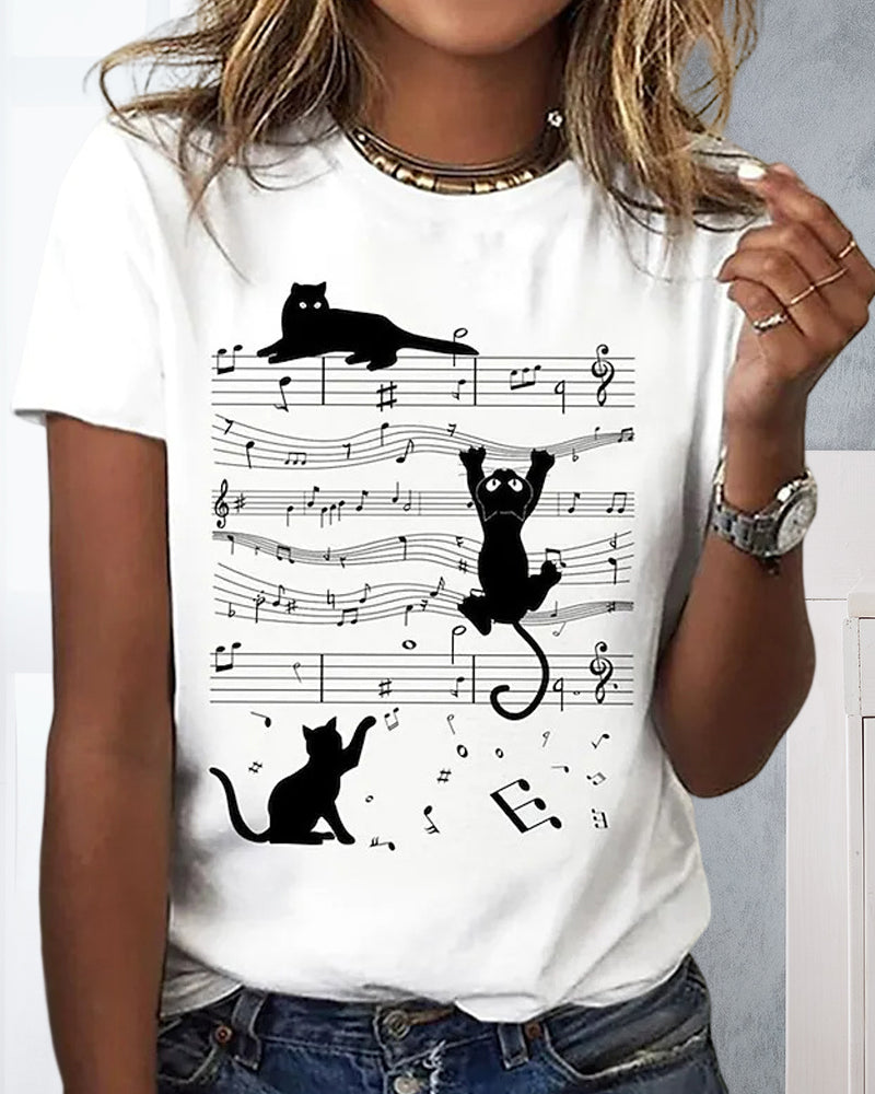 T-shirt med rund hals och musikaliskt katttryck