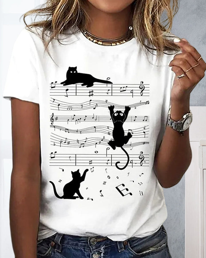 T-shirt med rund hals och musikaliskt katttryck