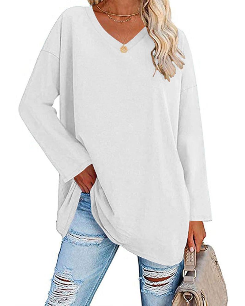 Enfärgad v-ringad långärmad dam t-shirt