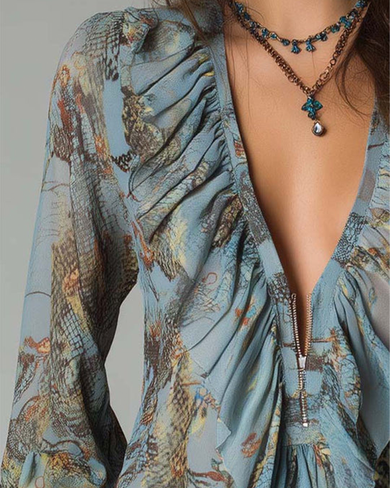 Blus Djup V Rynktryck Elegant