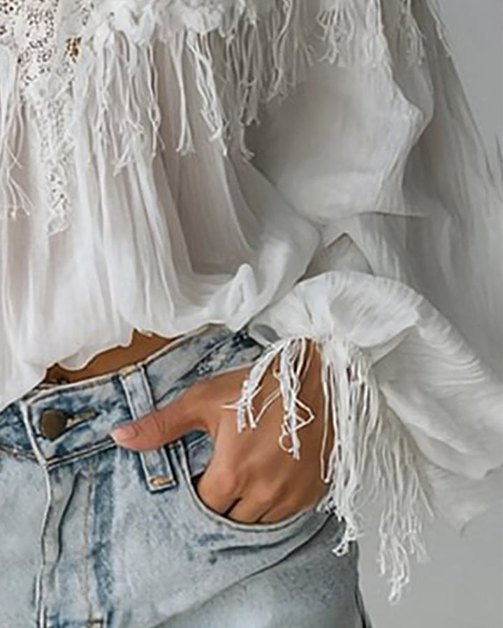 Off-Shoulder Linne Med Spets Och Tofsar