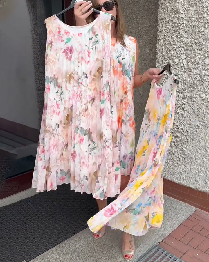 Klänning Ärmlös Plisserad Blommig