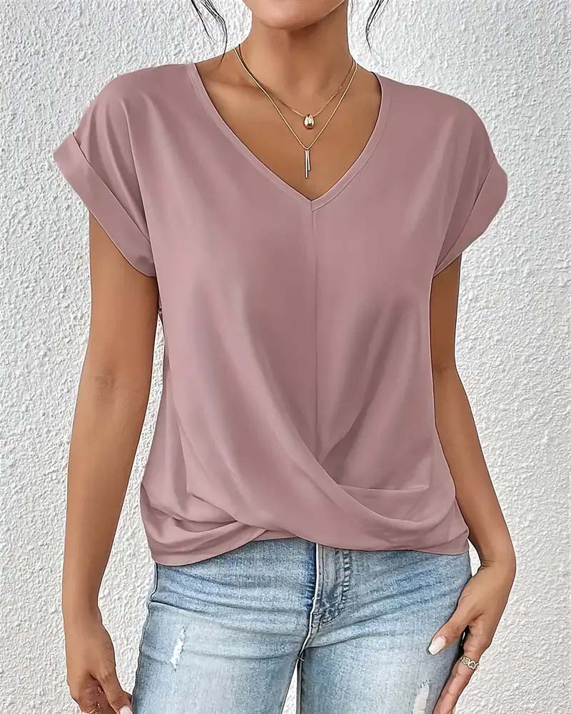 T-shirt V-ringad Enkel Färg Elegant Kortärmad