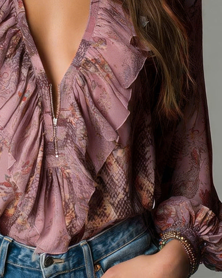 Blus Djup V Rynktryck Elegant