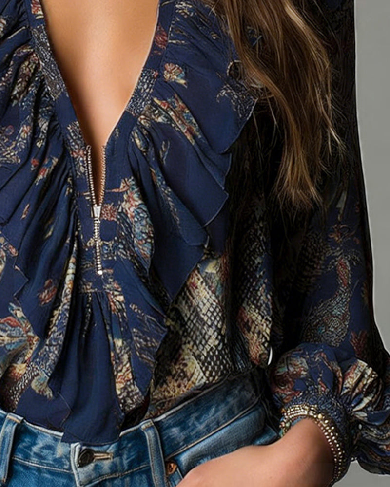 Blus Djup V Rynktryck Elegant