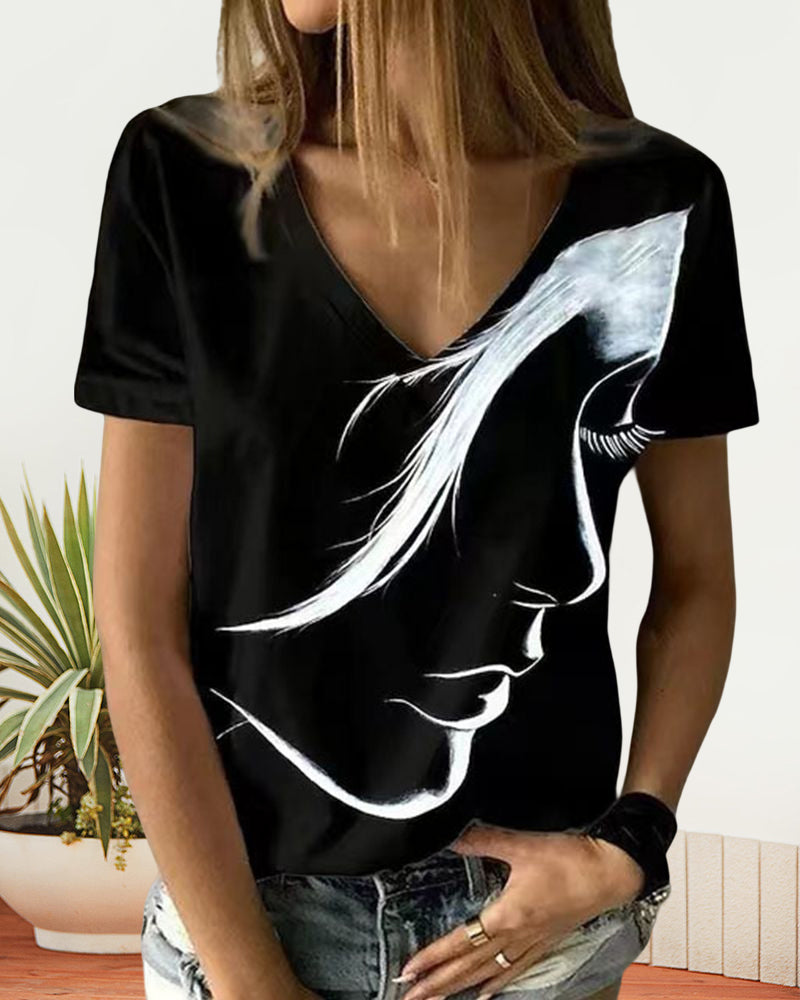 V-ringad T-shirt med figurtryck