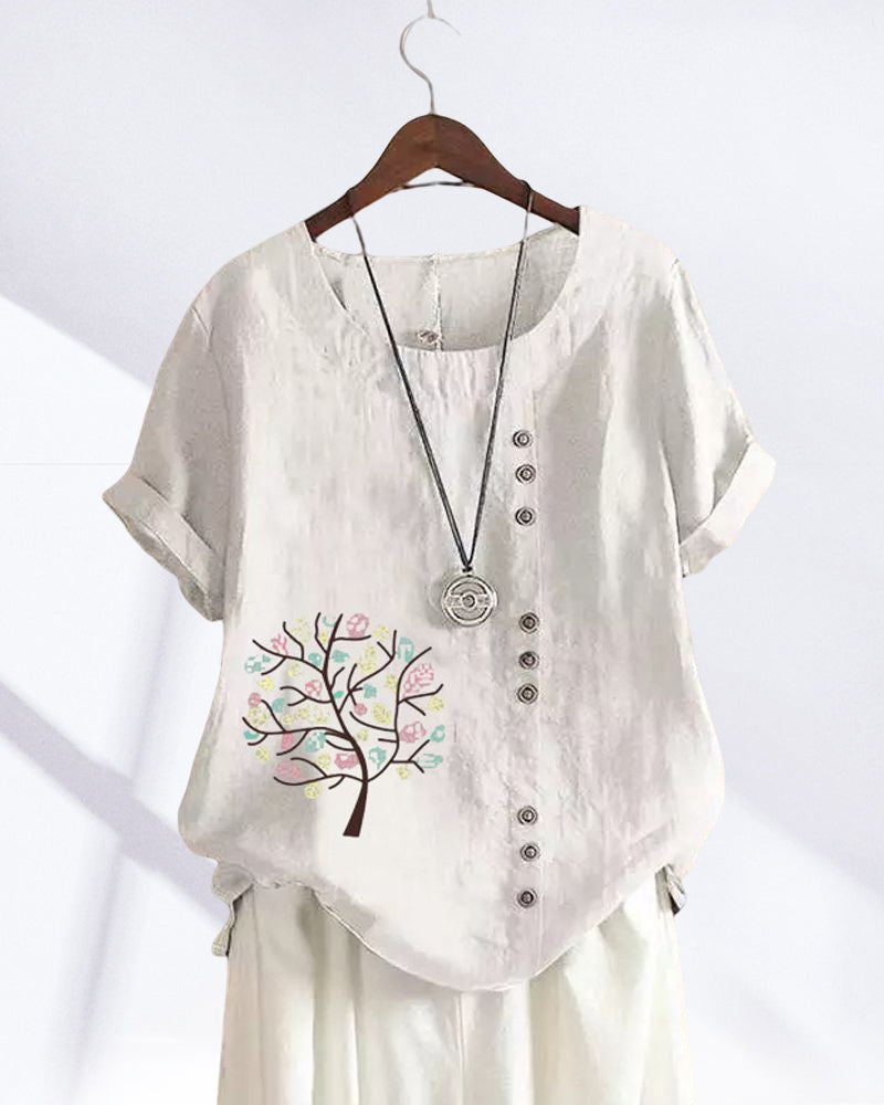 T-shirt med rund hals och bladtryck