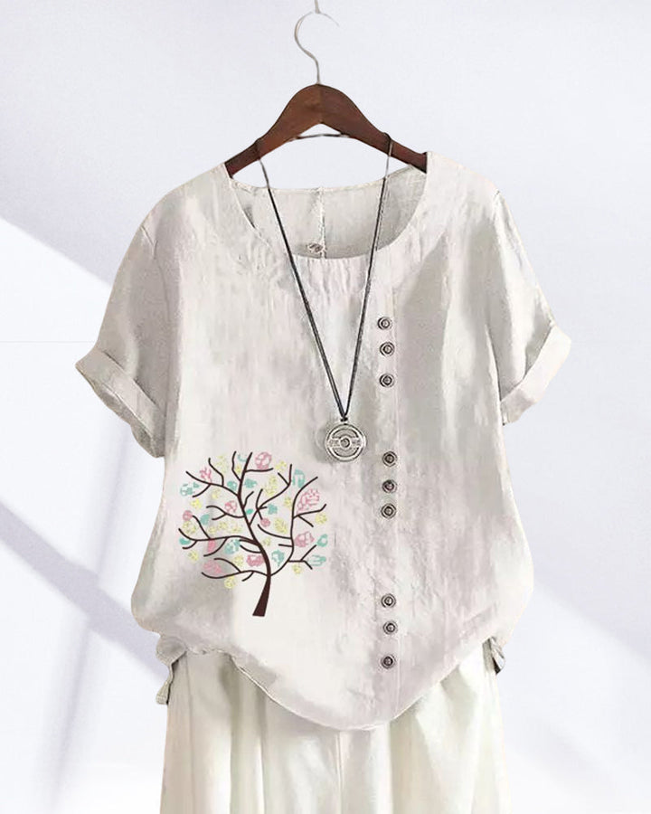 T-shirt med rund hals och bladtryck