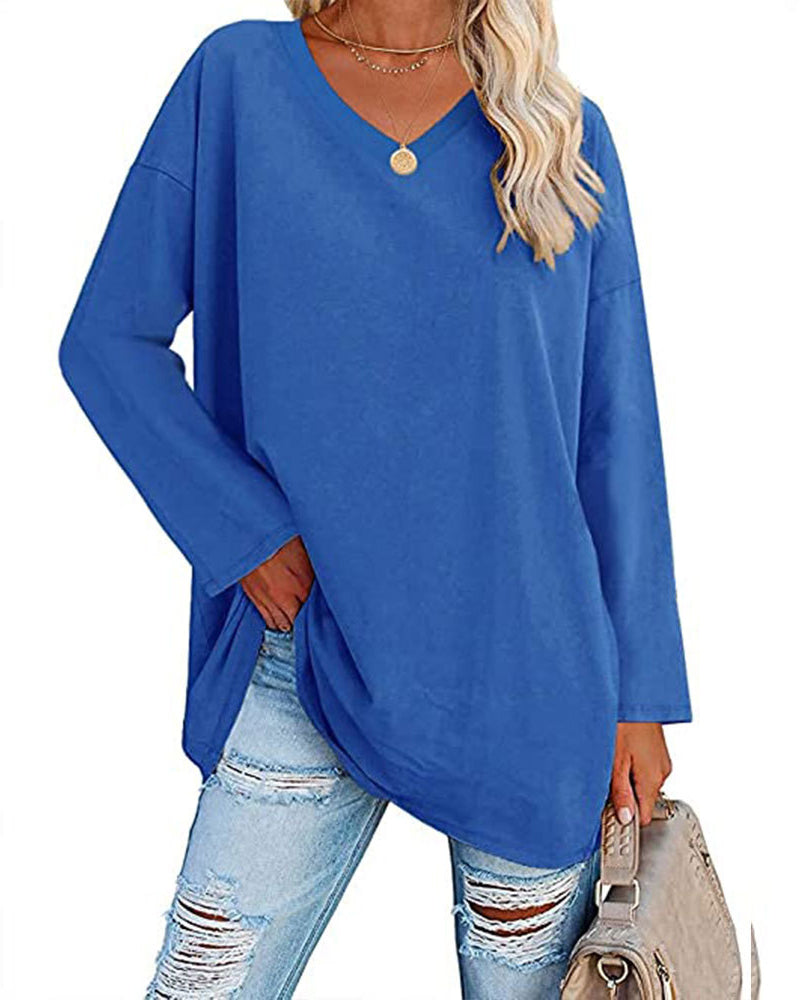 Enfärgad v-ringad långärmad dam t-shirt