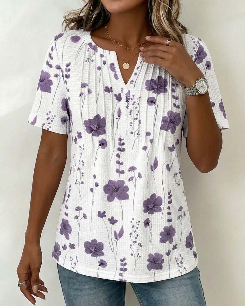 T-Shirt Våffla V-Hals Blommig