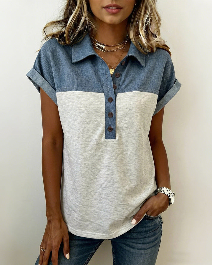 T-Shirt Knäppning Patchwork Nedfällbar Krage
