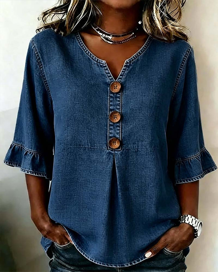 Blus V-ringning Utsvängd Ärm Denim