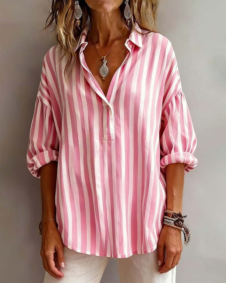 Randig Löst Sittande Blus Med Krage