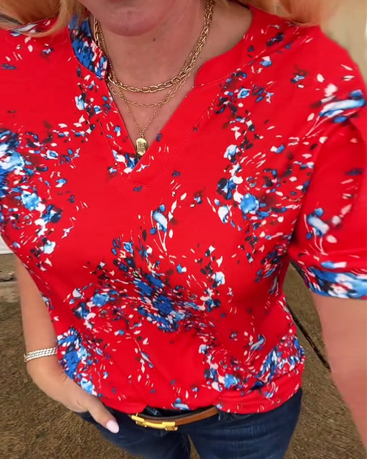 T-Shirt V-ringning Blommönster Kortärmad