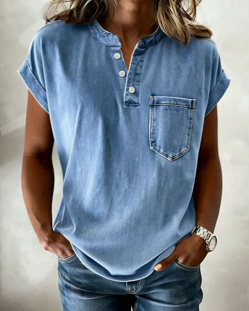 Topp Tvättad Denim Henley Kort Ärm