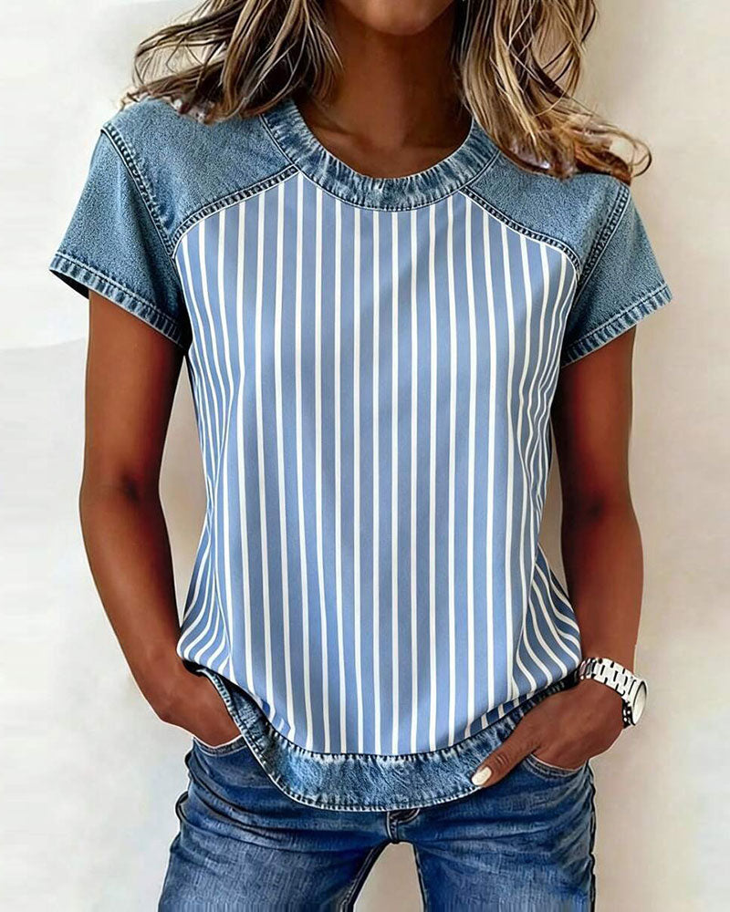 T-Shirt Denim Lapptäcke Randig Kort Ärm