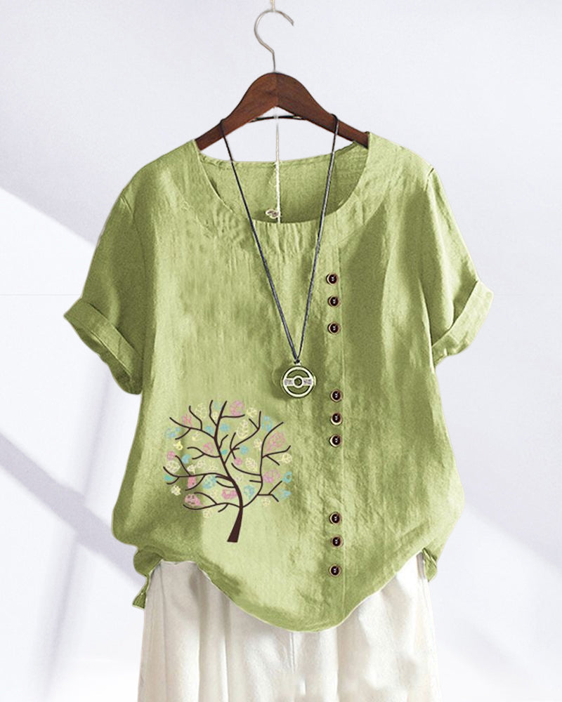 T-shirt med rund hals och bladtryck