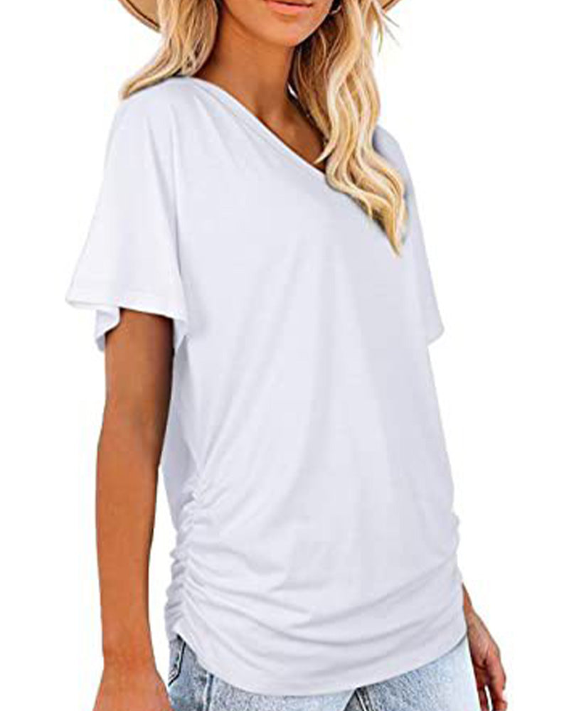 T-Shirt Veckad Enfärgad V-Ringning