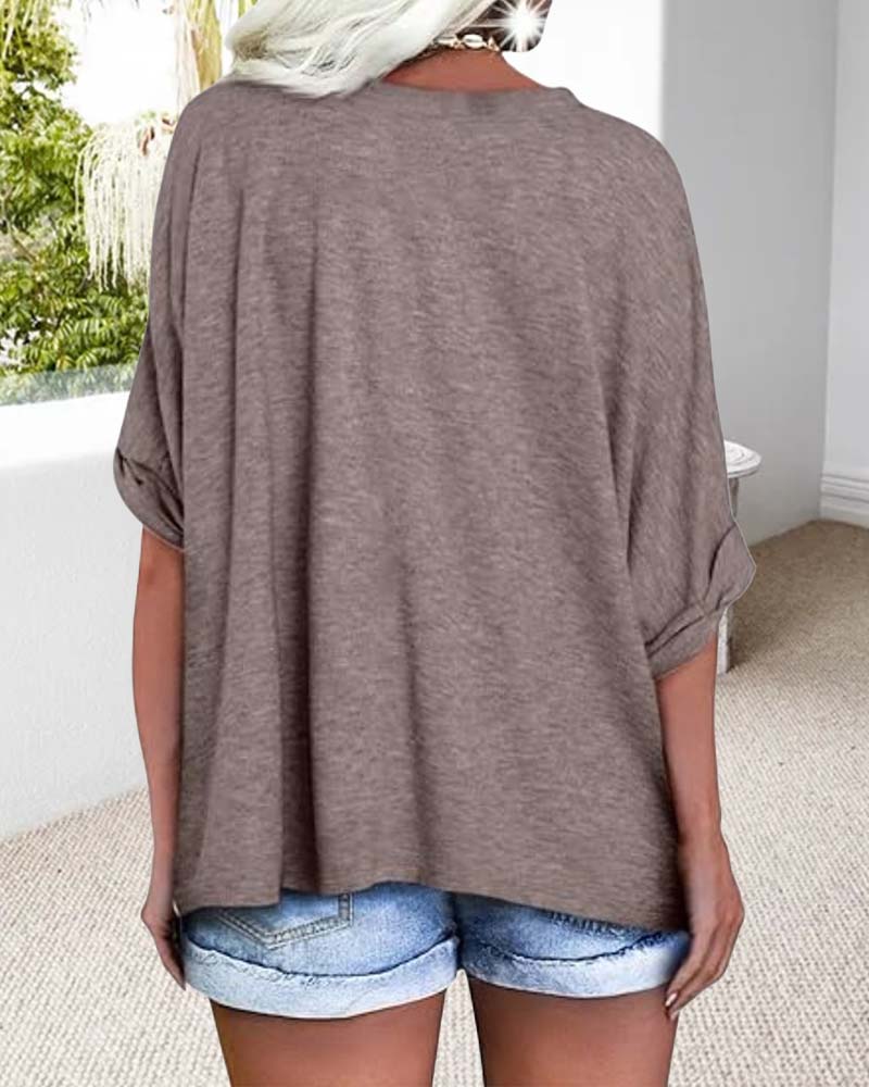 T-Shirt V-Ringning Rullad Kant Kortärmad Lössittande
