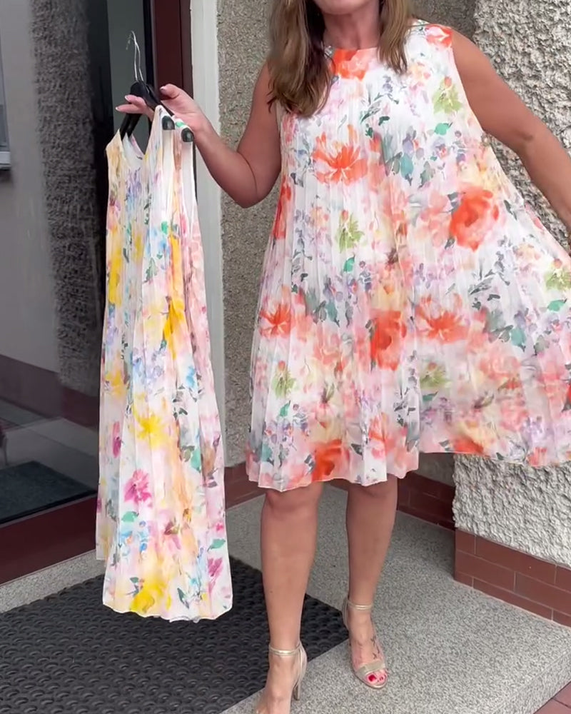 Klänning Ärmlös Plisserad Blommig