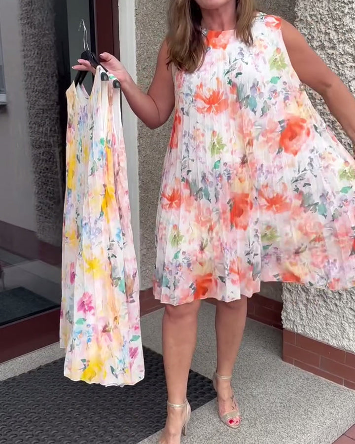 Klänning Ärmlös Plisserad Blommig