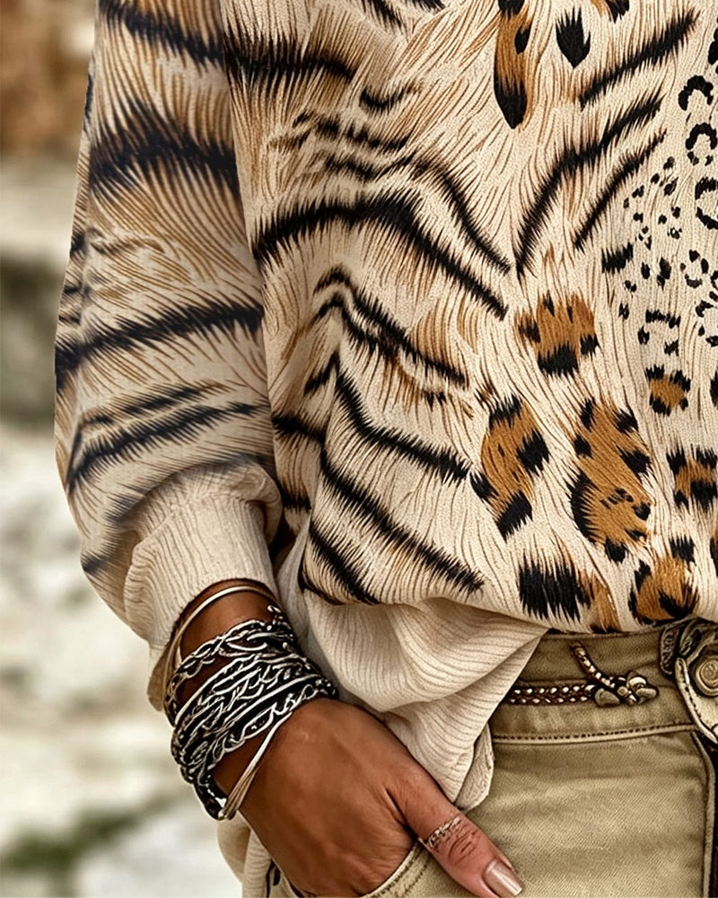 Blus Rundhalsad Leopard Lång Ärm