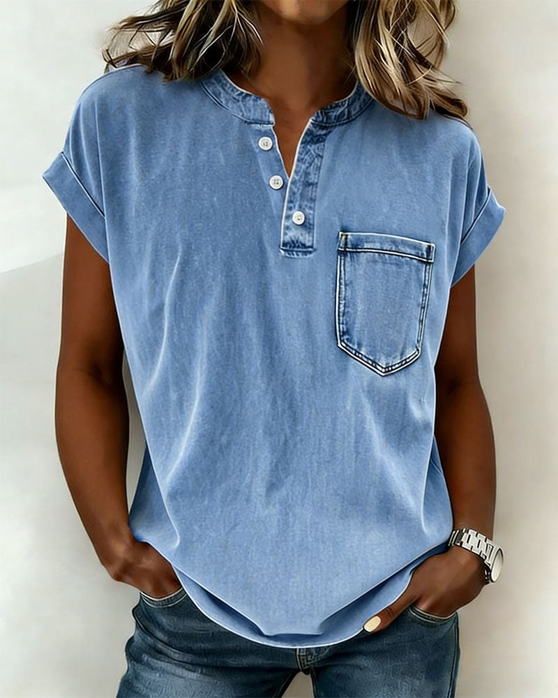 Topp Tvättad Denim Henley Kort Ärm