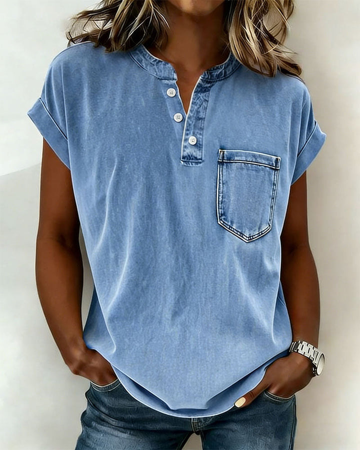 Topp Tvättad Denim Henley Kort Ärm