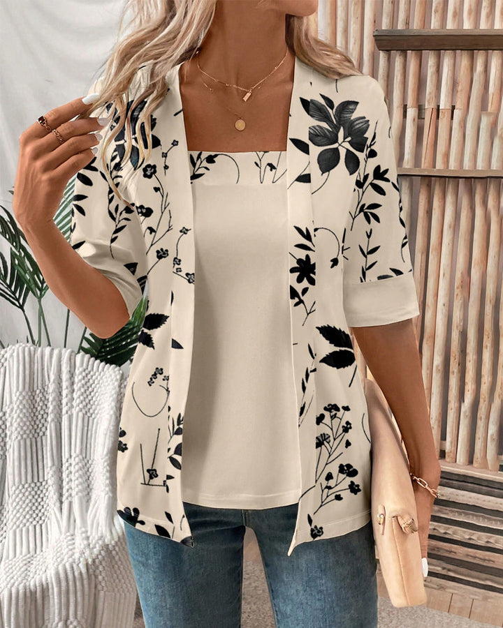 Elegant Falsk Två-del T-shirt med Blommermönster