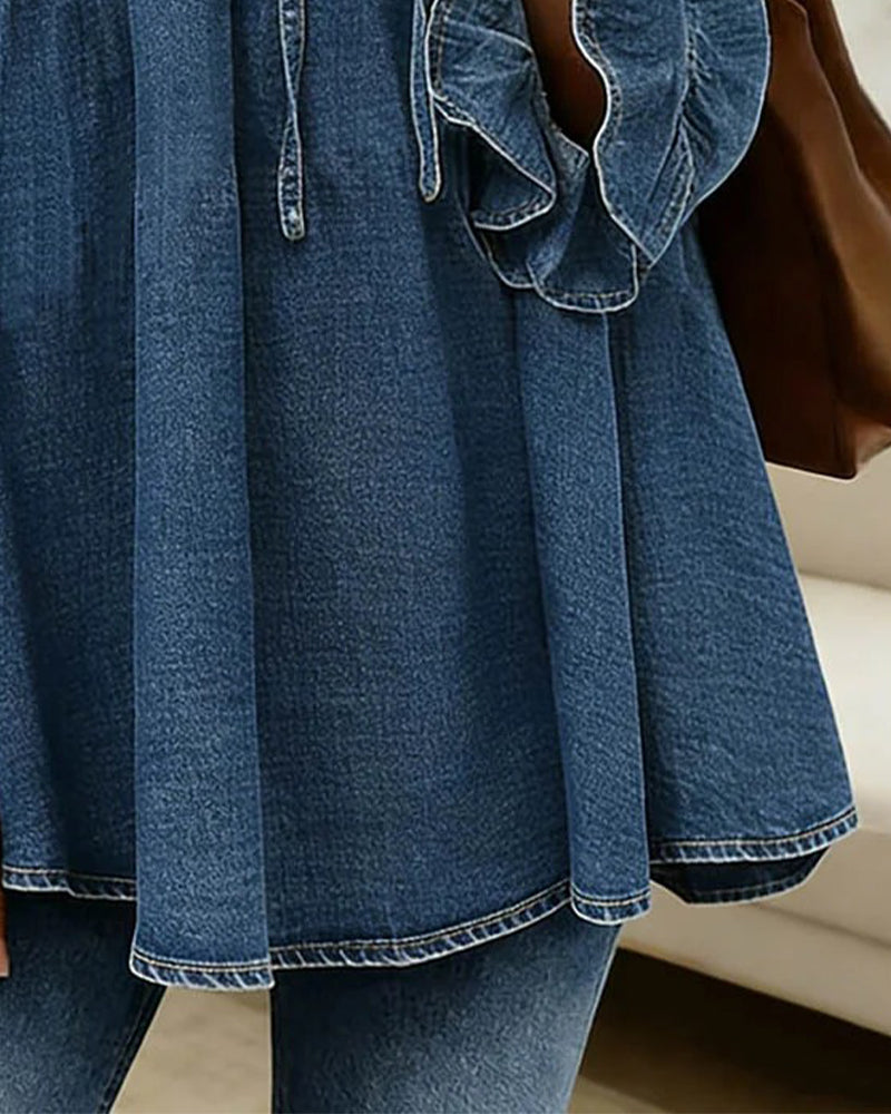Blus Volangknyt Denim Rund Hals