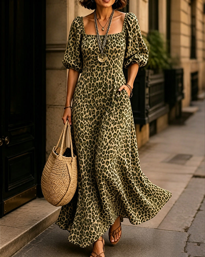 Klädning Fyrkantig Hals Leopard Mode