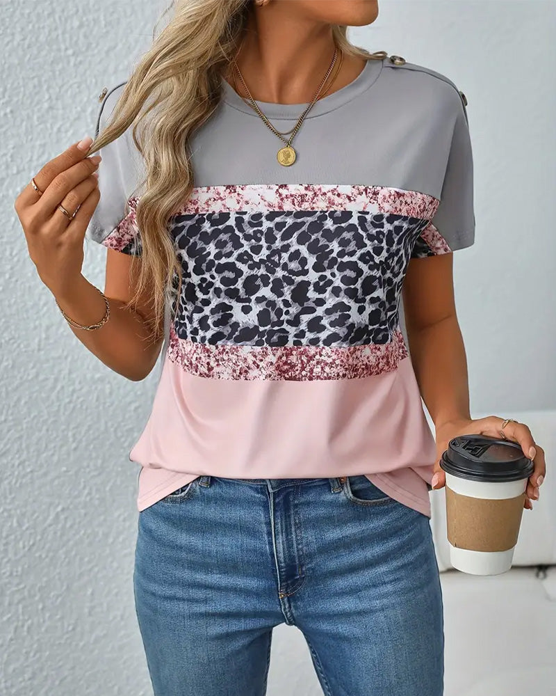 T-Shirt Rund Hals Leopardmönster Färgblock
