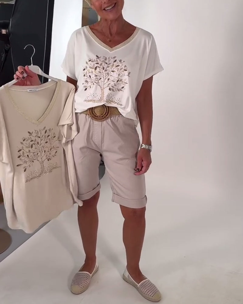 T-Shirt V-Ringad Tryckt Mångsidig