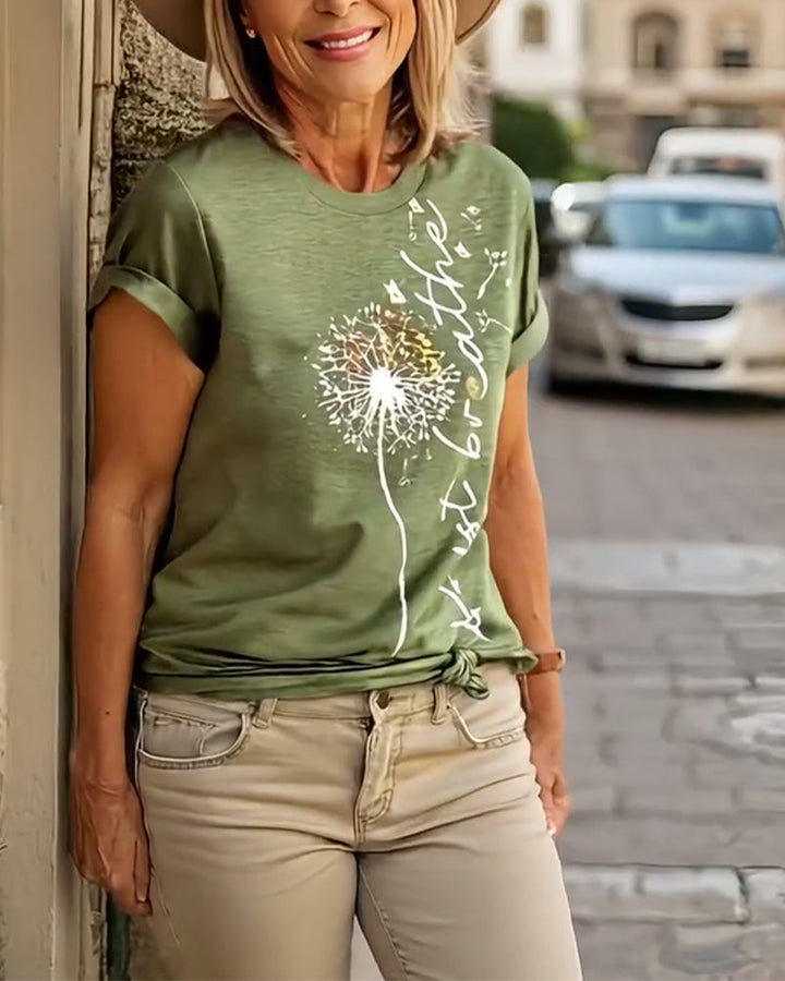 T - Shirt Med Dandelion Print Kort Ärmlösa